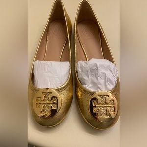 Tory Burch Gold Reva Ballet Flats with Gold Emblem. Size 8. New in box.